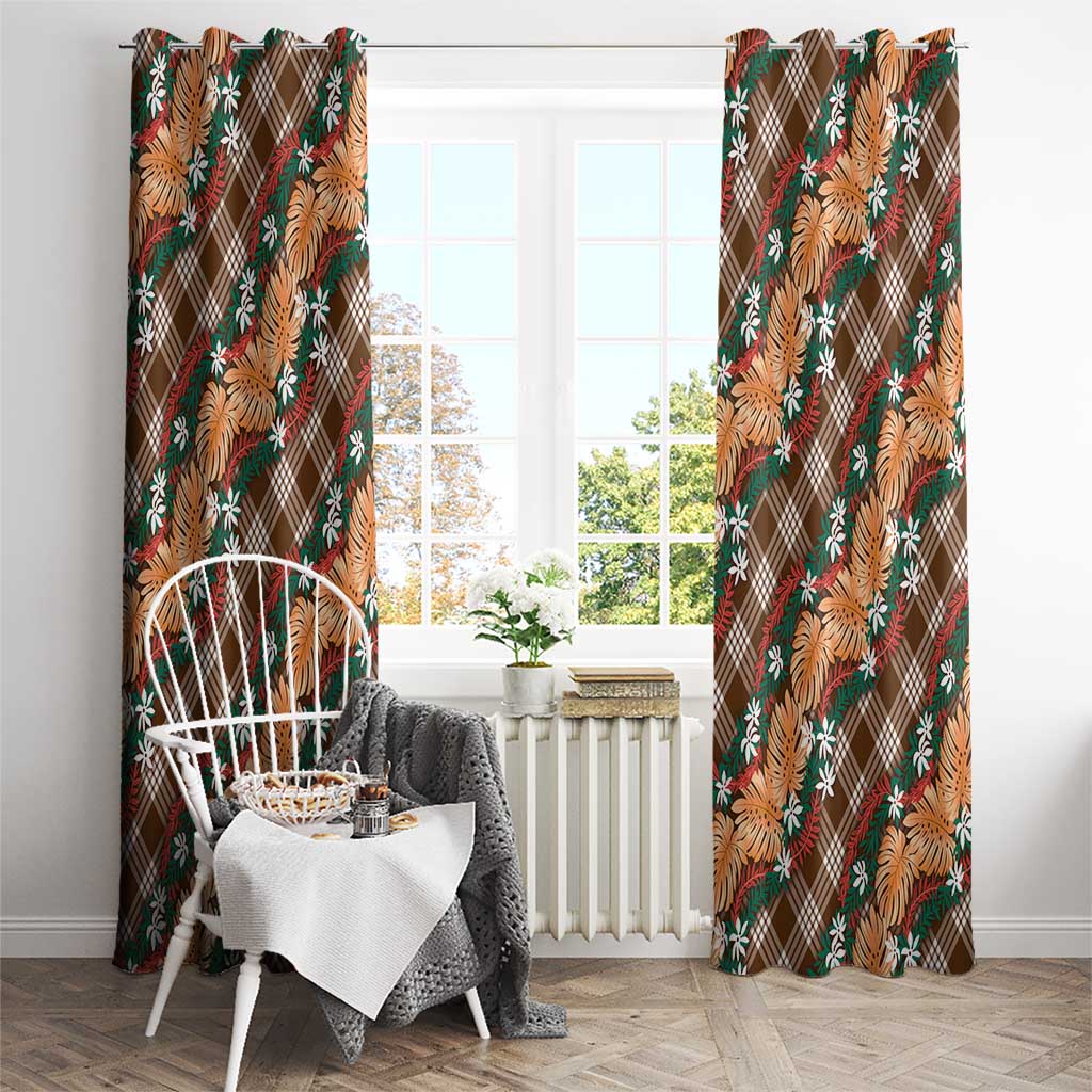 Polynesian Monstera Tiare Floral Window Curtain Chocolate Brown Tropical Plaid - Polynesian Pride