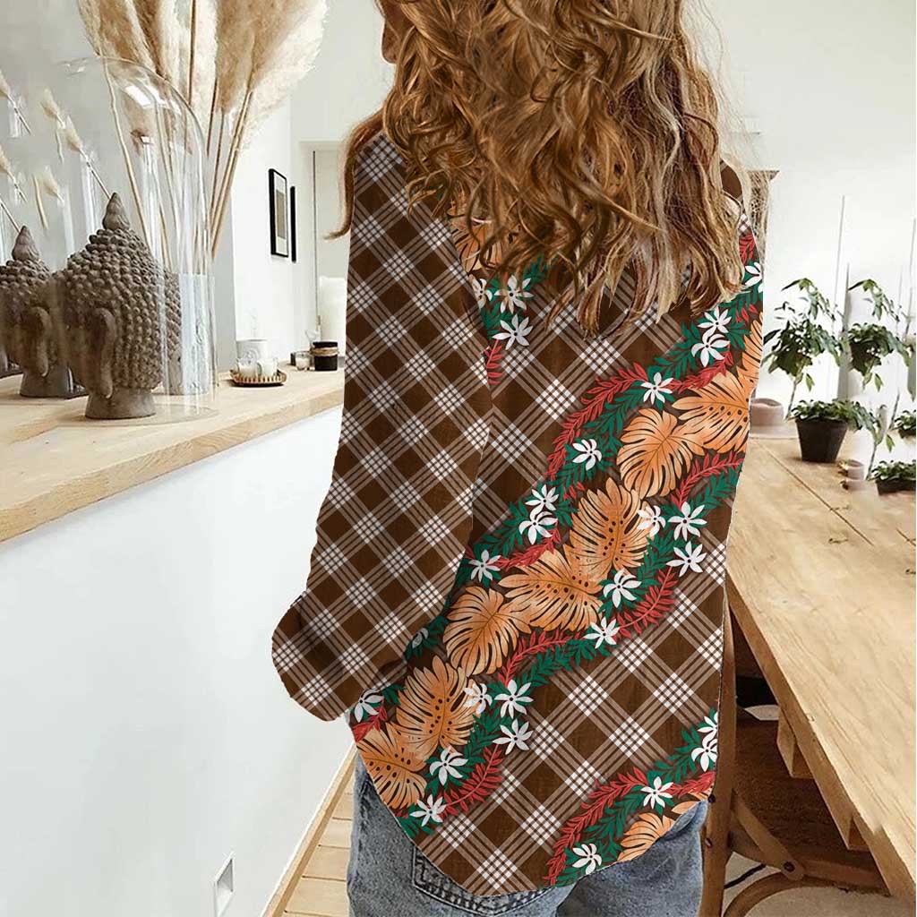 Polynesian Monstera Tiare Floral Women Casual Shirt Chocolate Brown Tropical Plaid - Polynesian Pride