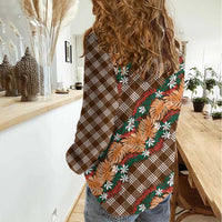 Polynesian Monstera Tiare Floral Women Casual Shirt Chocolate Brown Tropical Plaid - Polynesian Pride