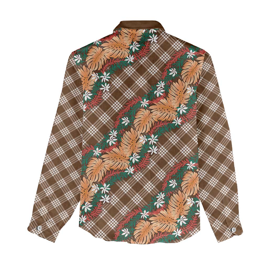 Polynesian Monstera Tiare Floral Women Casual Shirt Chocolate Brown Tropical Plaid - Polynesian Pride