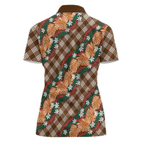 Polynesian Monstera Tiare Floral Women Polo Shirt Chocolate Brown Tropical Plaid - Polynesian Pride