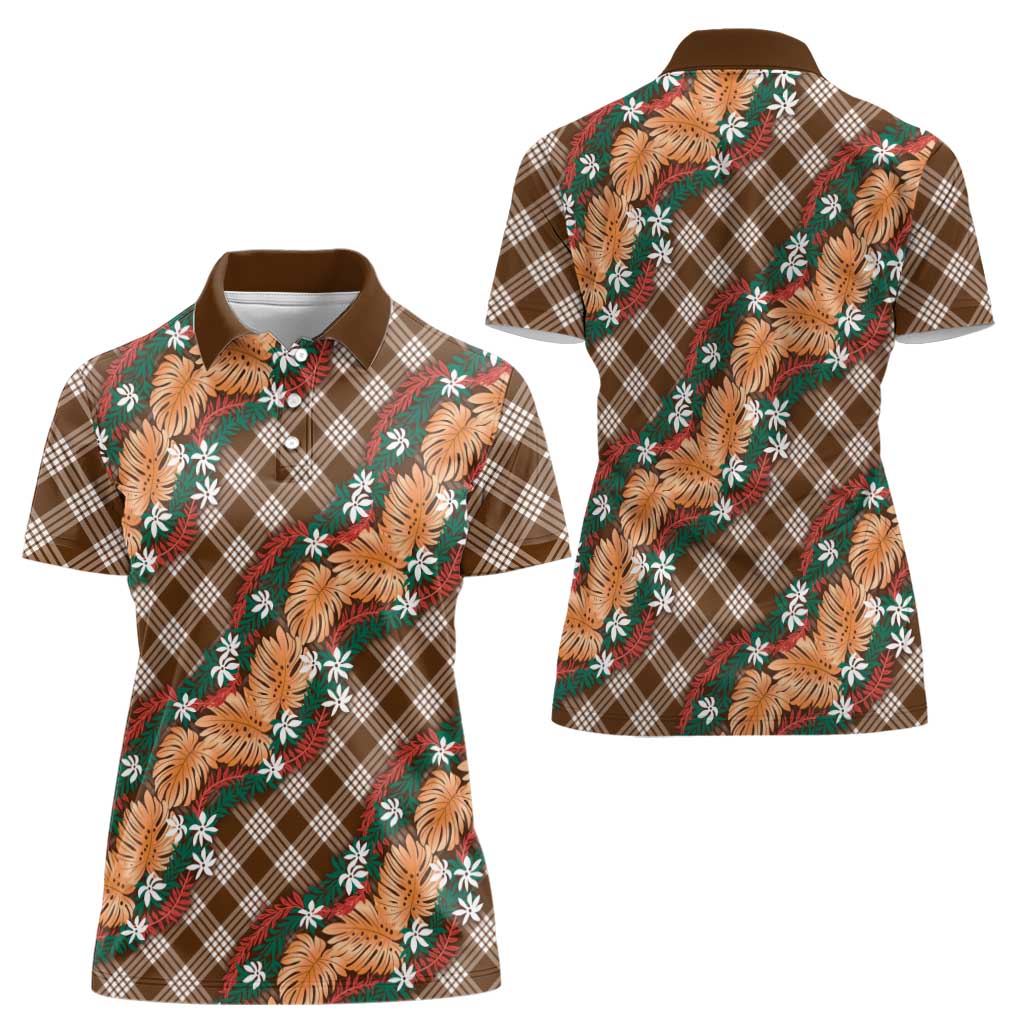 Polynesian Monstera Tiare Floral Women Polo Shirt Chocolate Brown Tropical Plaid - Polynesian Pride