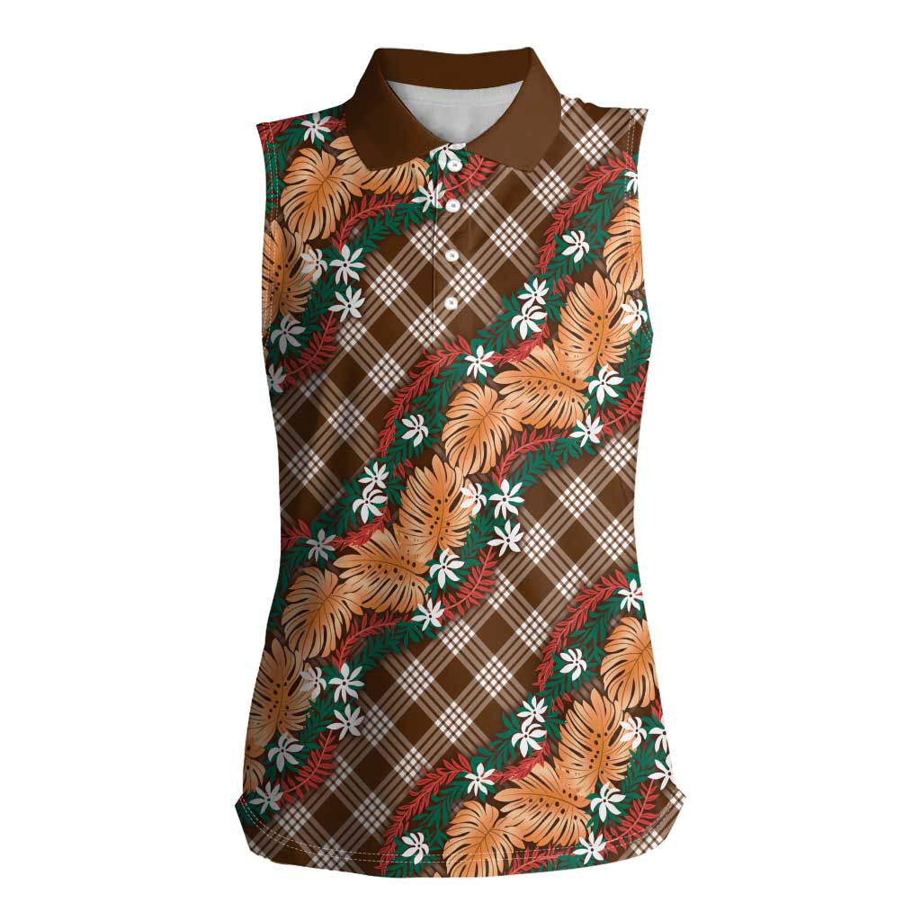 Polynesian Monstera Tiare Floral Women Sleeveless Polo Shirt Chocolate Brown Tropical Plaid - Polynesian Pride