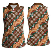Polynesian Monstera Tiare Floral Women Sleeveless Polo Shirt Chocolate Brown Tropical Plaid - Polynesian Pride