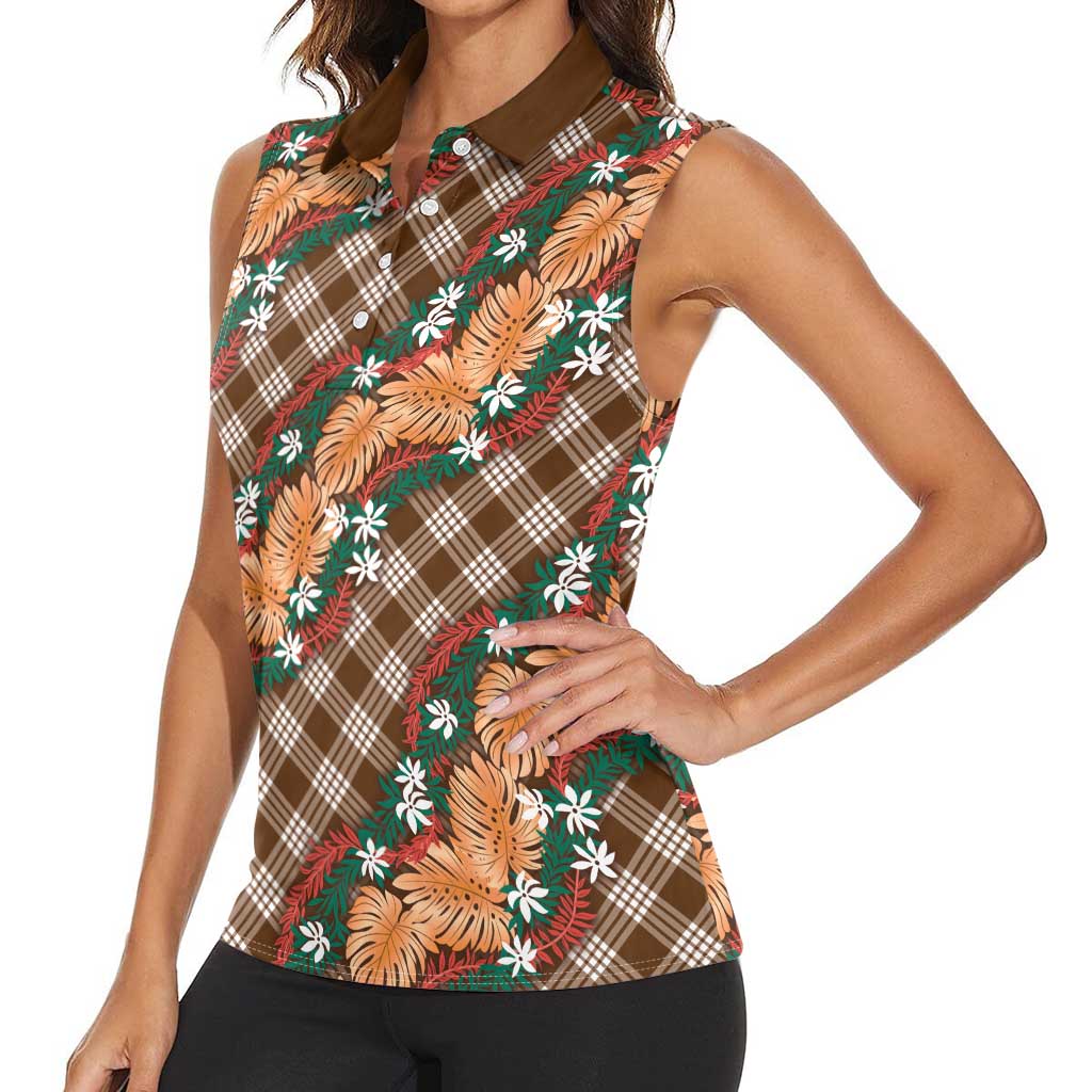 Polynesian Monstera Tiare Floral Women Sleeveless Polo Shirt Chocolate Brown Tropical Plaid - Polynesian Pride