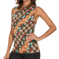 Polynesian Monstera Tiare Floral Women Sleeveless Polo Shirt Chocolate Brown Tropical Plaid - Polynesian Pride