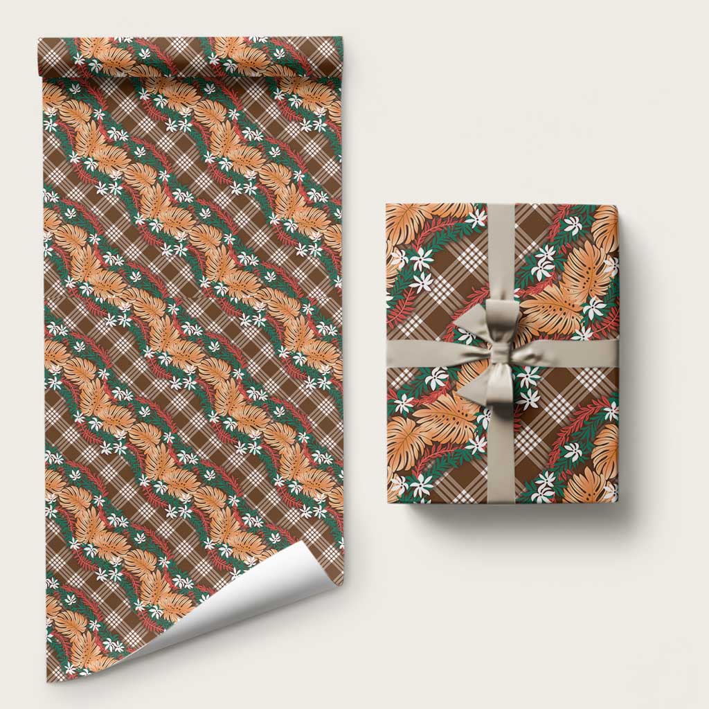 Polynesian Monstera Tiare Floral Wrapping Paper Chocolate Brown Tropical Plaid - Polynesian Pride