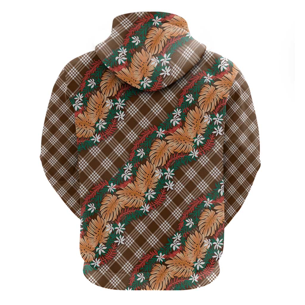 Polynesian Monstera Tiare Floral Zip Hoodie Chocolate Brown Tropical Plaid - Polynesian Pride