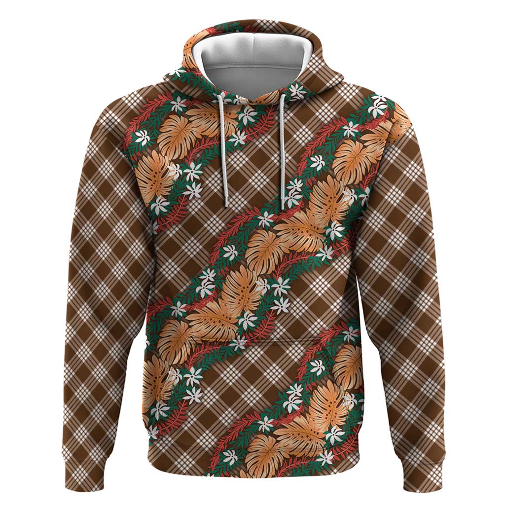 Polynesian Monstera Tiare Floral Zip Hoodie Chocolate Brown Tropical Plaid - Polynesian Pride