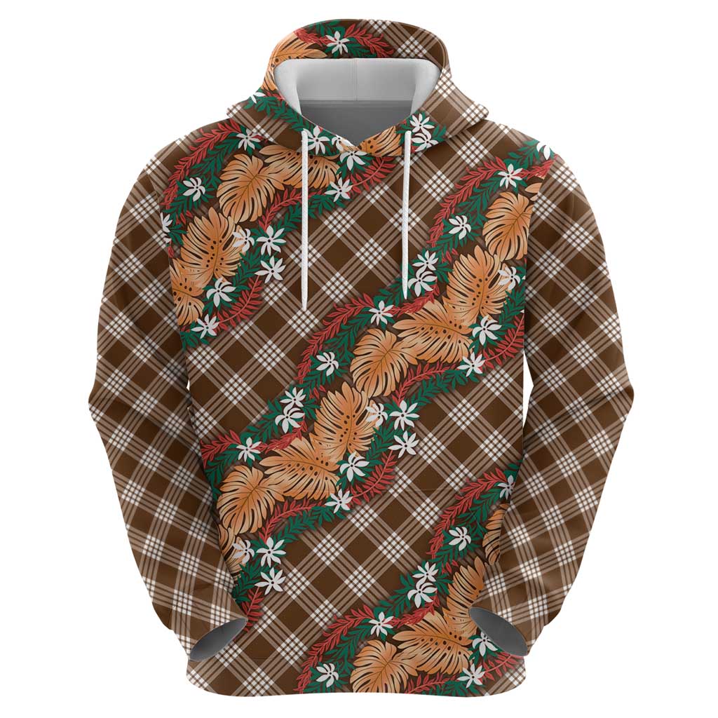 Polynesian Monstera Tiare Floral Zip Hoodie Chocolate Brown Tropical Plaid - Polynesian Pride