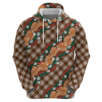 Polynesian Monstera Tiare Floral Zip Hoodie Chocolate Brown Tropical Plaid - Polynesian Pride