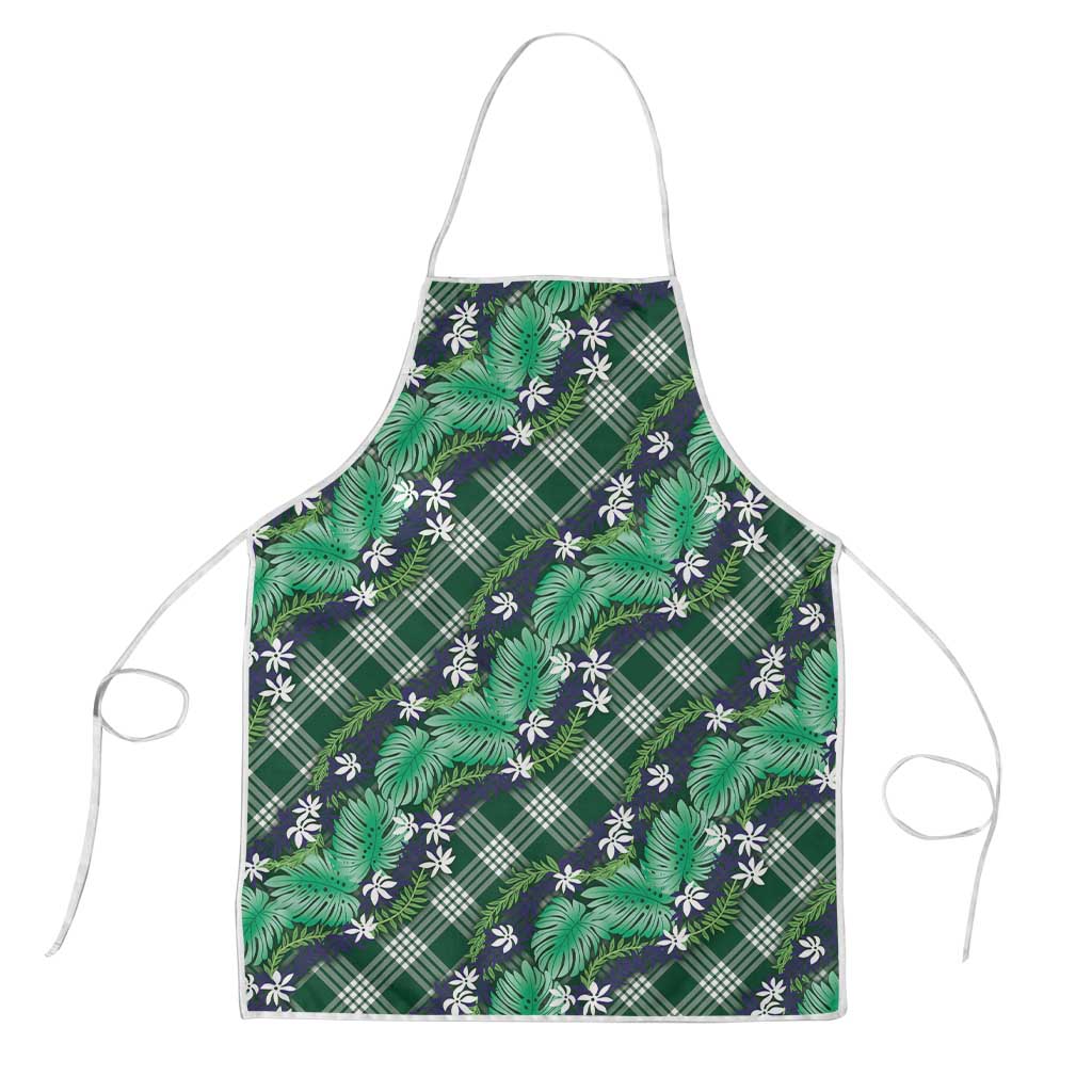 Polynesian Monstera Tiare Floral Apron Forest Green Tropical Plaid - Polynesian Pride