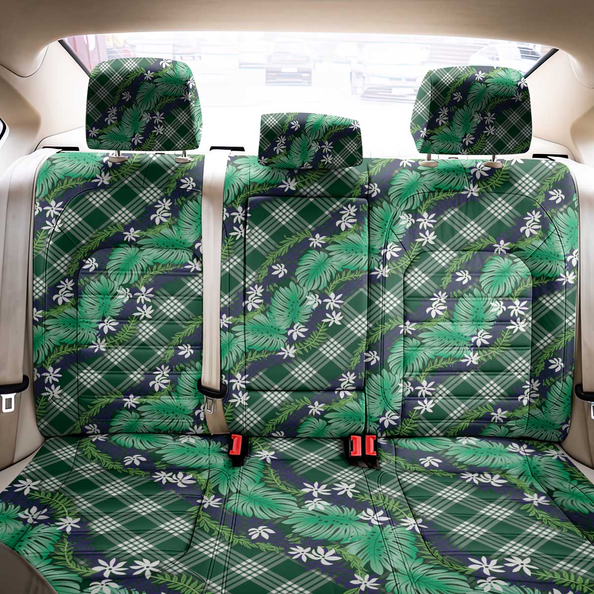 Polynesian Monstera Tiare Floral Back Car Seat Cover Forest Green Tropical Plaid - Polynesian Pride
