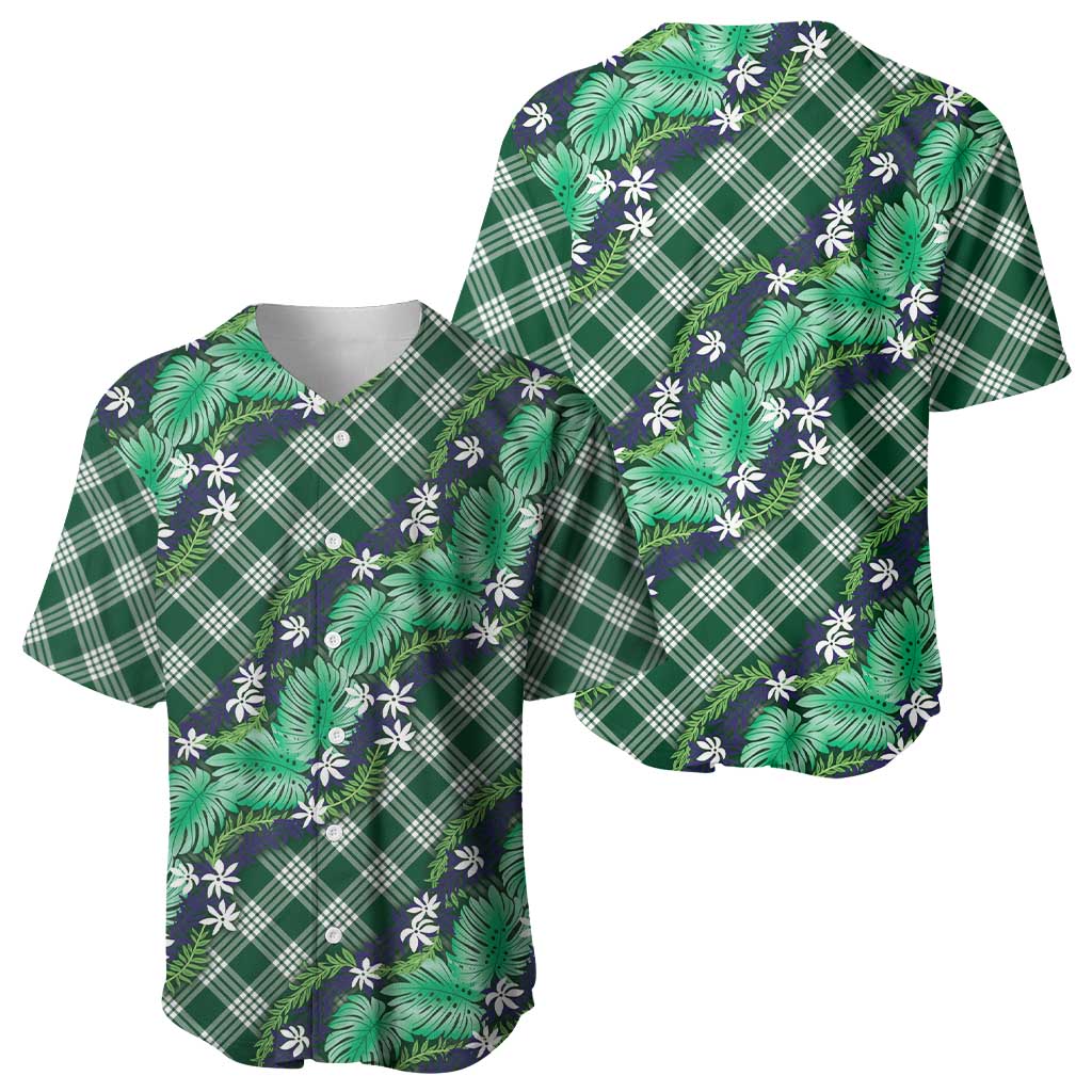 Polynesian Monstera Tiare Floral Baseball Jersey Forest Green Tropical Plaid - Polynesian Pride