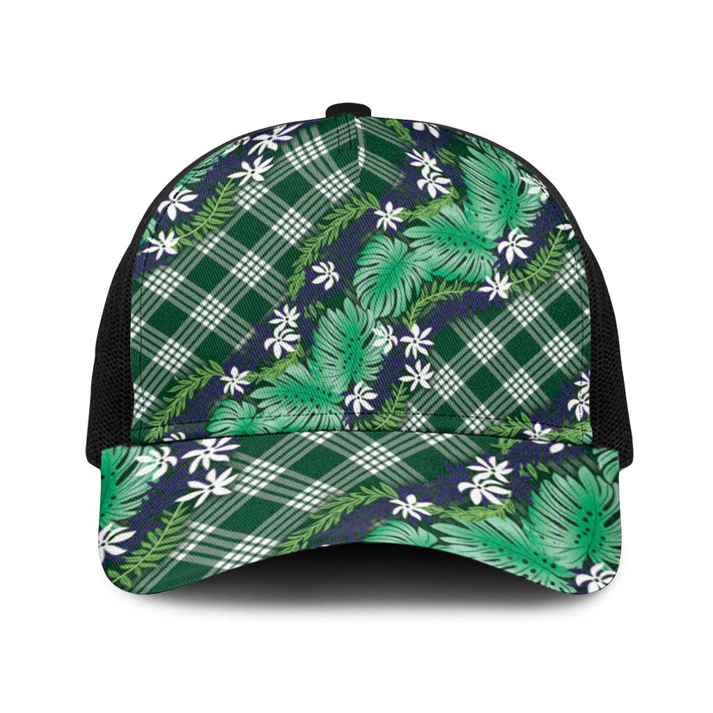 Polynesian Monstera Tiare Floral Baseball Net Cap Forest Green Tropical Plaid - Polynesian Pride