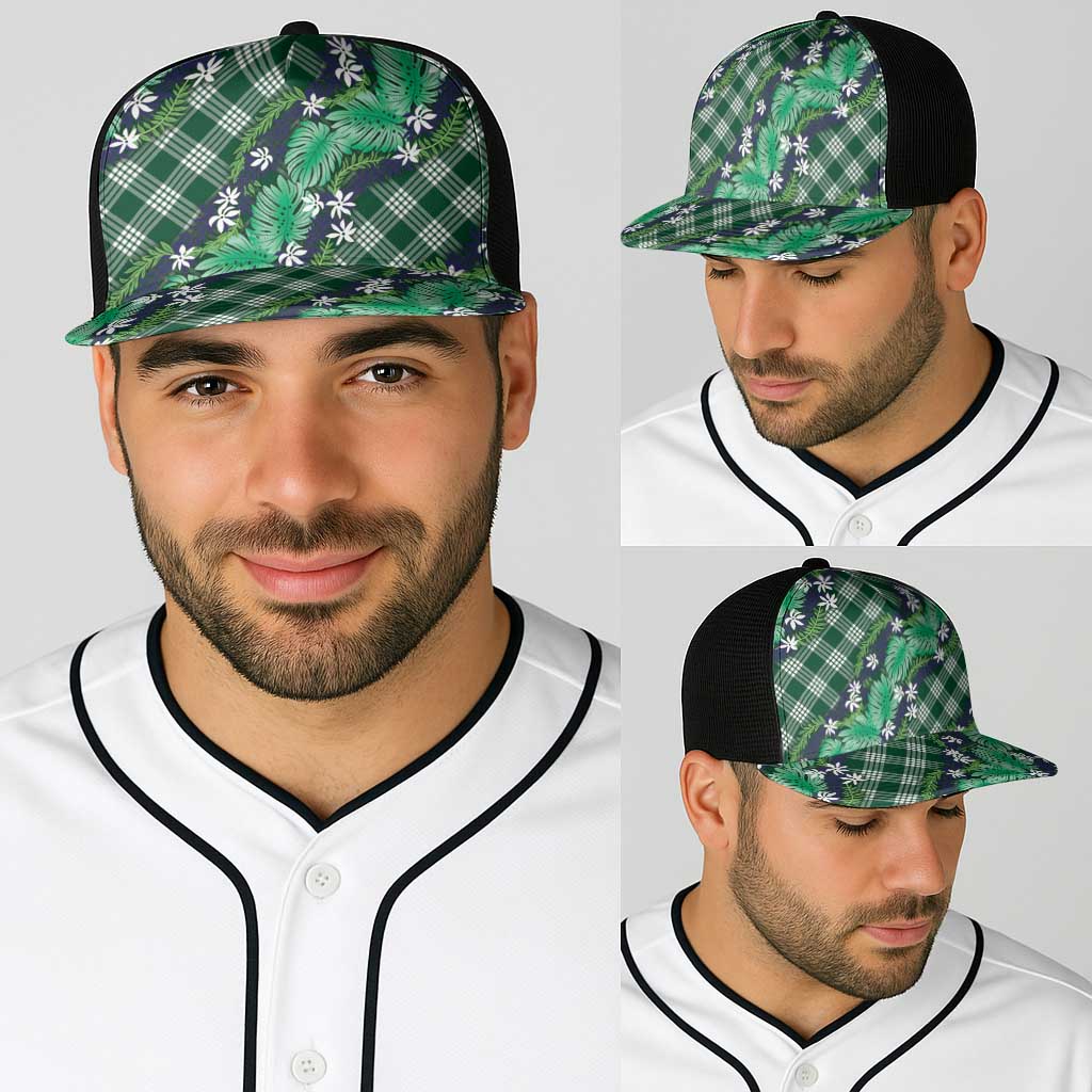 Polynesian Monstera Tiare Floral Baseball Net Cap Forest Green Tropical Plaid - Polynesian Pride