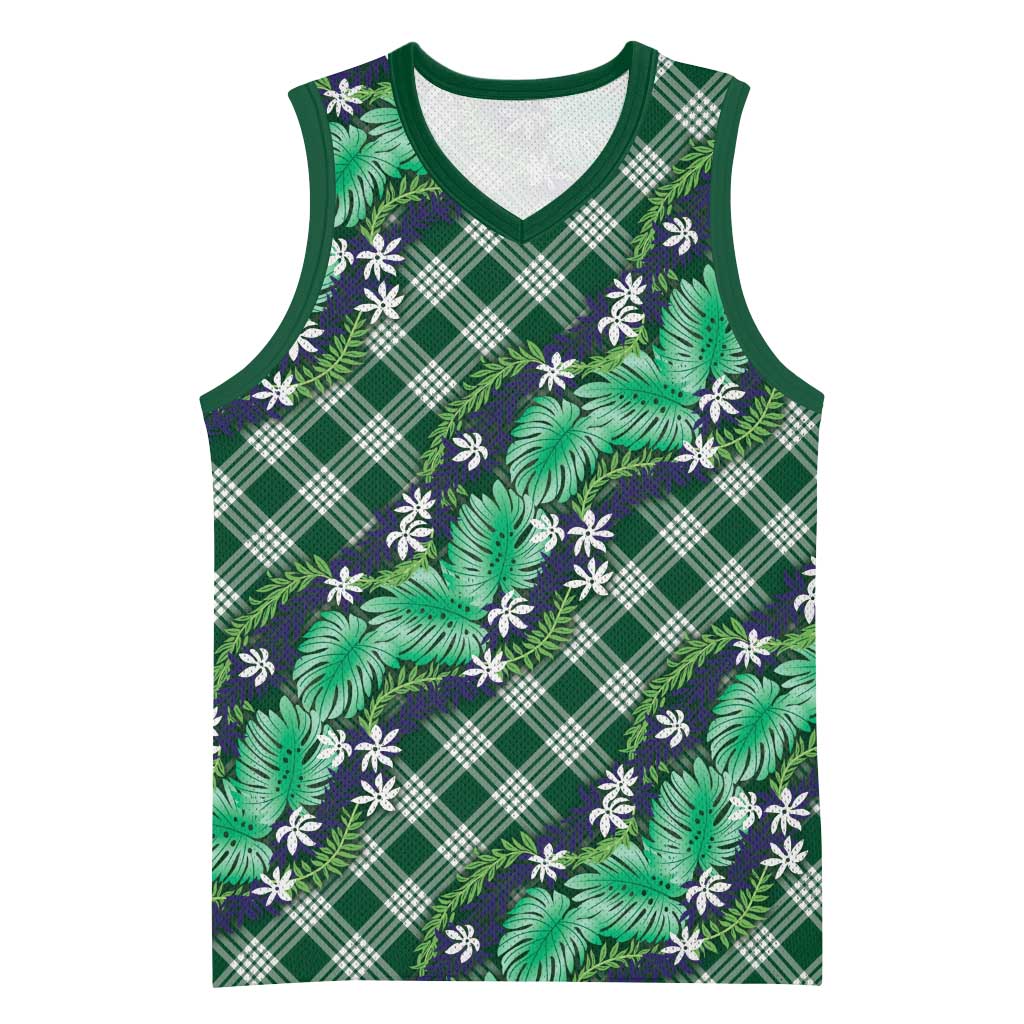 Polynesian Monstera Tiare Floral Basketball Jersey Forest Green Tropical Plaid - Polynesian Pride