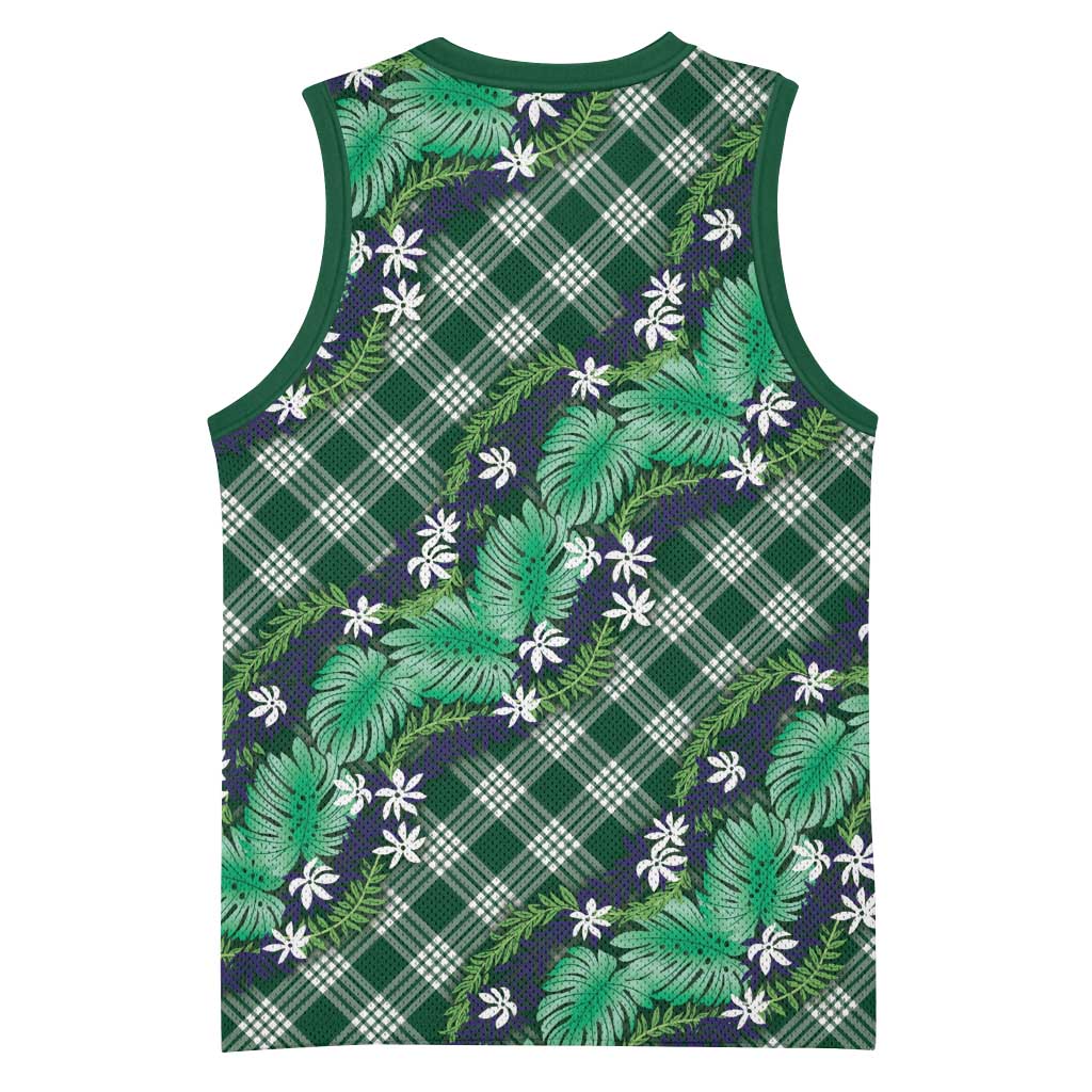 Polynesian Monstera Tiare Floral Basketball Jersey Forest Green Tropical Plaid - Polynesian Pride