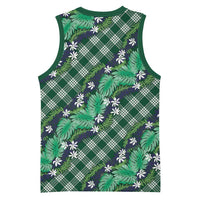 Polynesian Monstera Tiare Floral Basketball Jersey Forest Green Tropical Plaid - Polynesian Pride