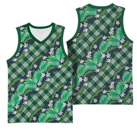 Polynesian Monstera Tiare Floral Basketball Jersey Forest Green Tropical Plaid - Polynesian Pride