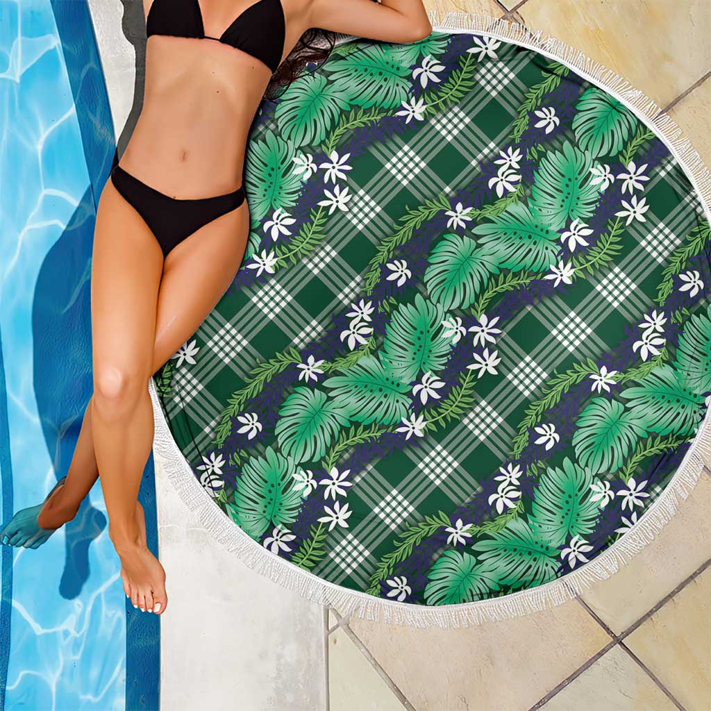Polynesian Monstera Tiare Floral Beach Blanket Forest Green Tropical Plaid - Polynesian Pride