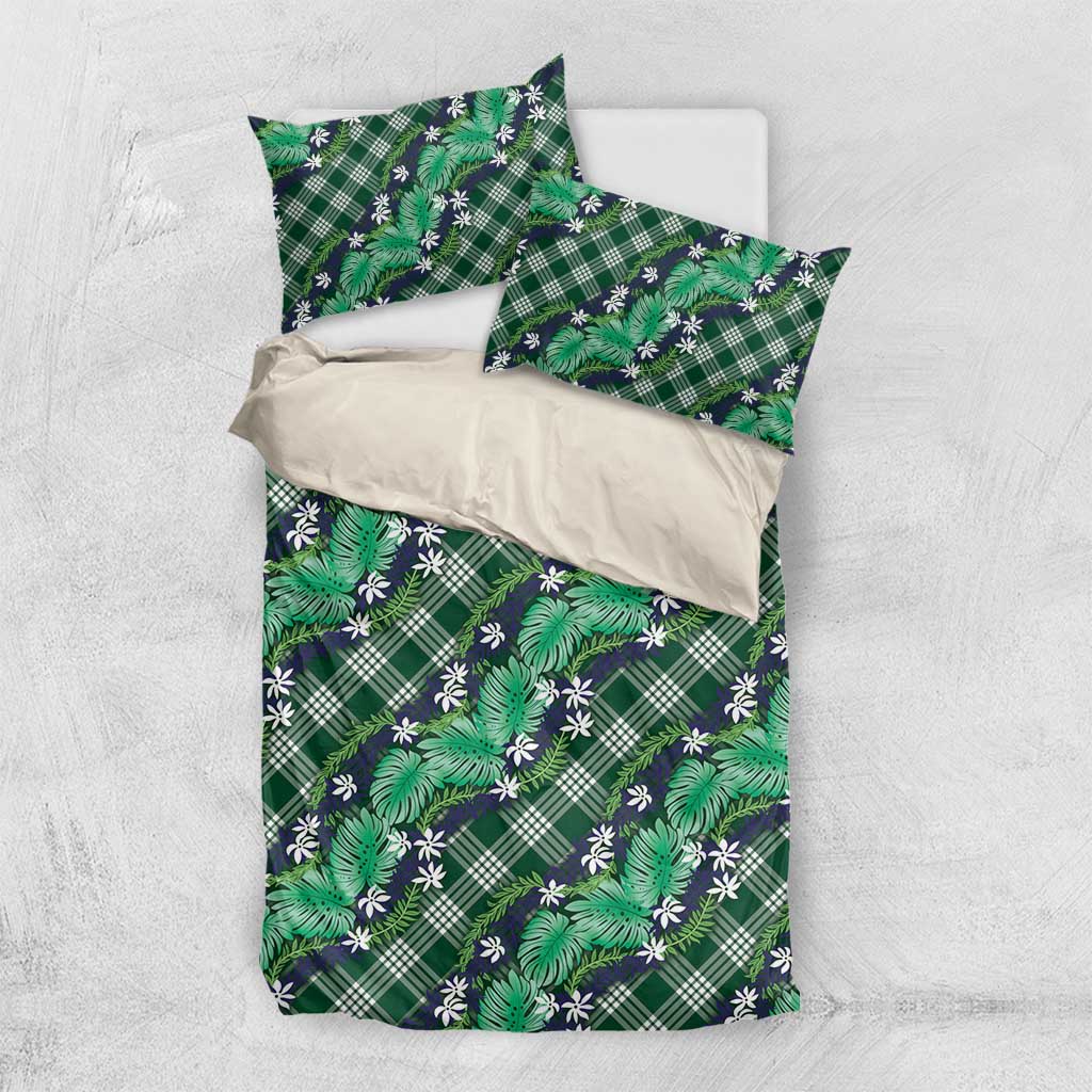 Polynesian Monstera Tiare Floral Bedding Set Forest Green Tropical Plaid - Polynesian Pride