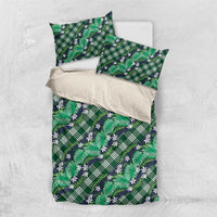 Polynesian Monstera Tiare Floral Bedding Set Forest Green Tropical Plaid - Polynesian Pride