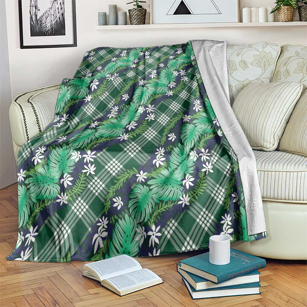 Polynesian Monstera Tiare Floral Blanket Forest Green Tropical Plaid - Polynesian Pride