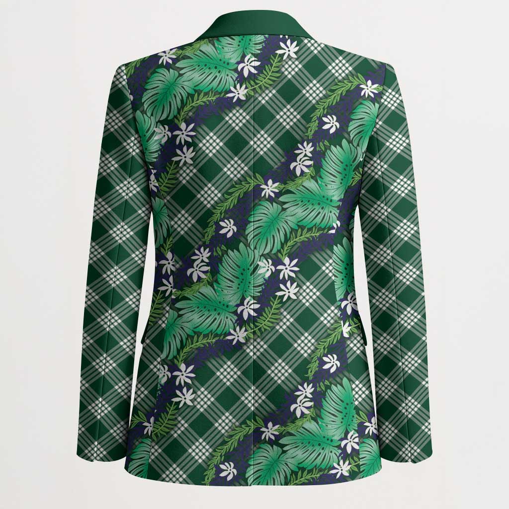 Polynesian Monstera Tiare Floral Blazer Forest Green Tropical Plaid - Polynesian Pride