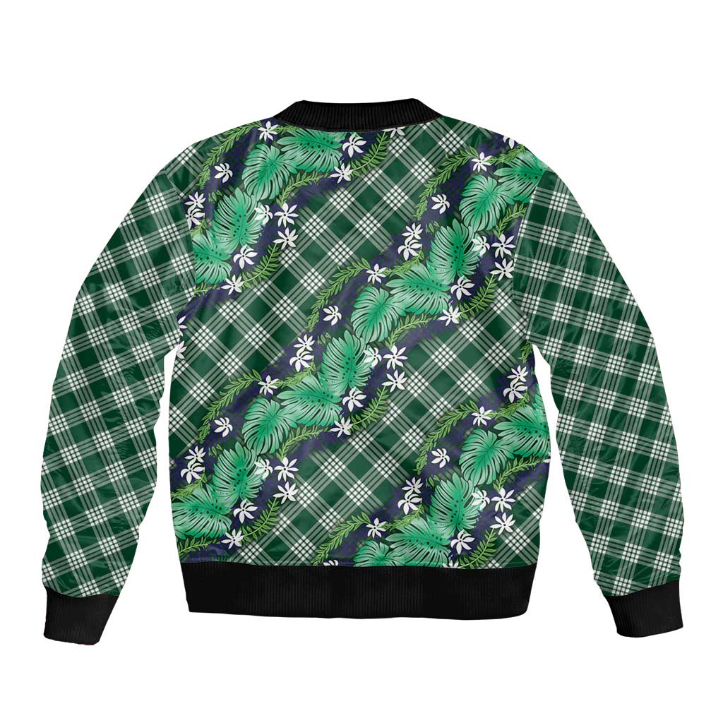 Polynesian Monstera Tiare Floral Bomber Jacket Forest Green Tropical Plaid - Polynesian Pride
