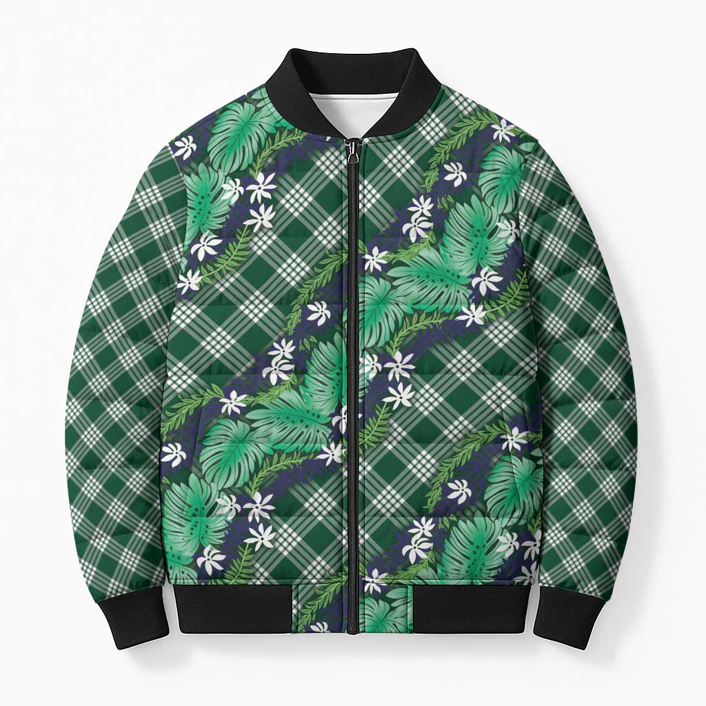 Polynesian Monstera Tiare Floral Bomber Puffer Jacket Forest Green Tropical Plaid - Polynesian Pride