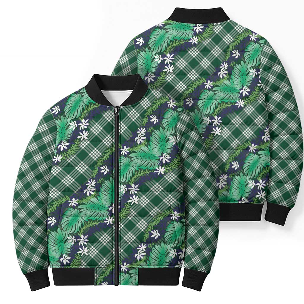 Polynesian Monstera Tiare Floral Bomber Puffer Jacket Forest Green Tropical Plaid - Polynesian Pride