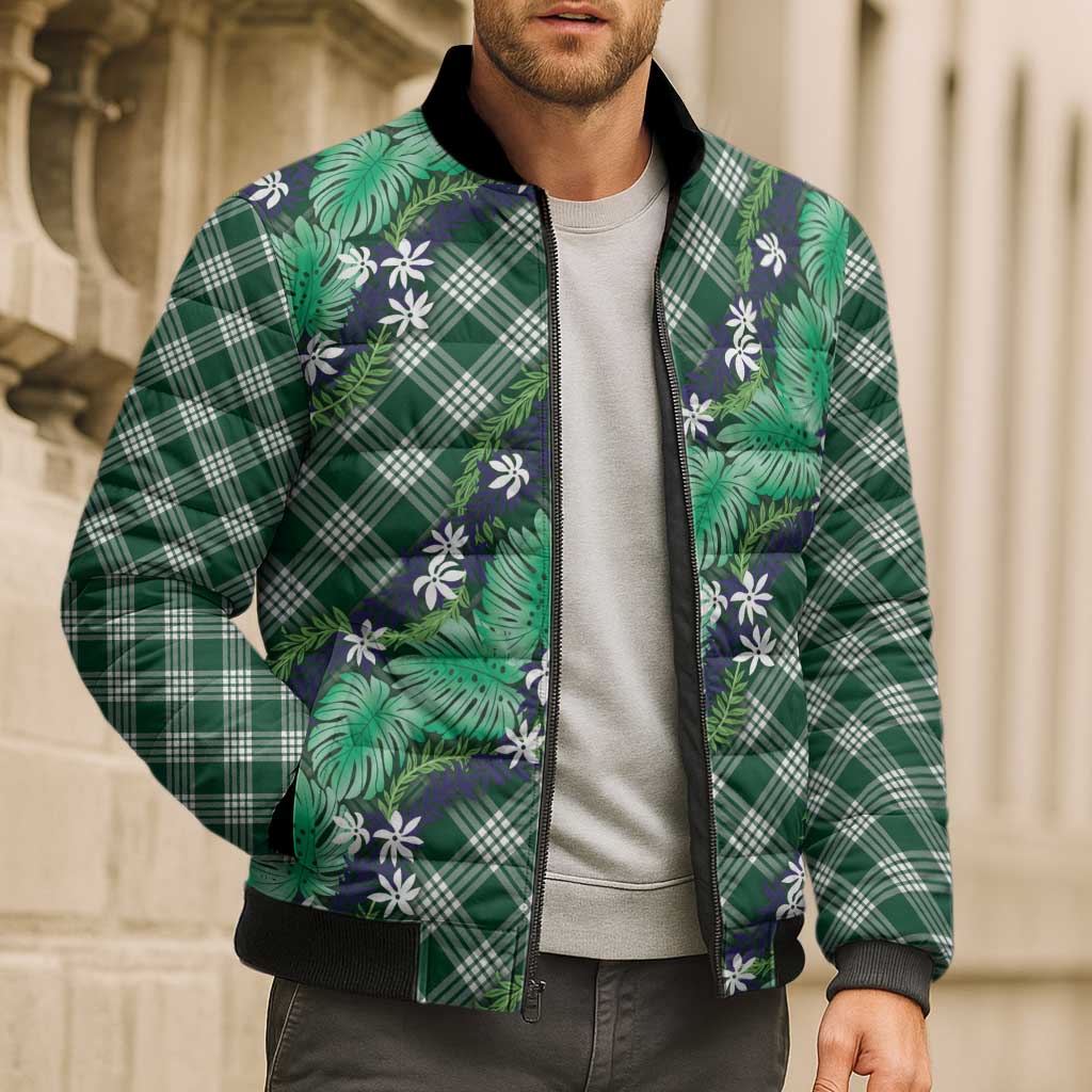 Polynesian Monstera Tiare Floral Bomber Puffer Jacket Forest Green Tropical Plaid - Polynesian Pride