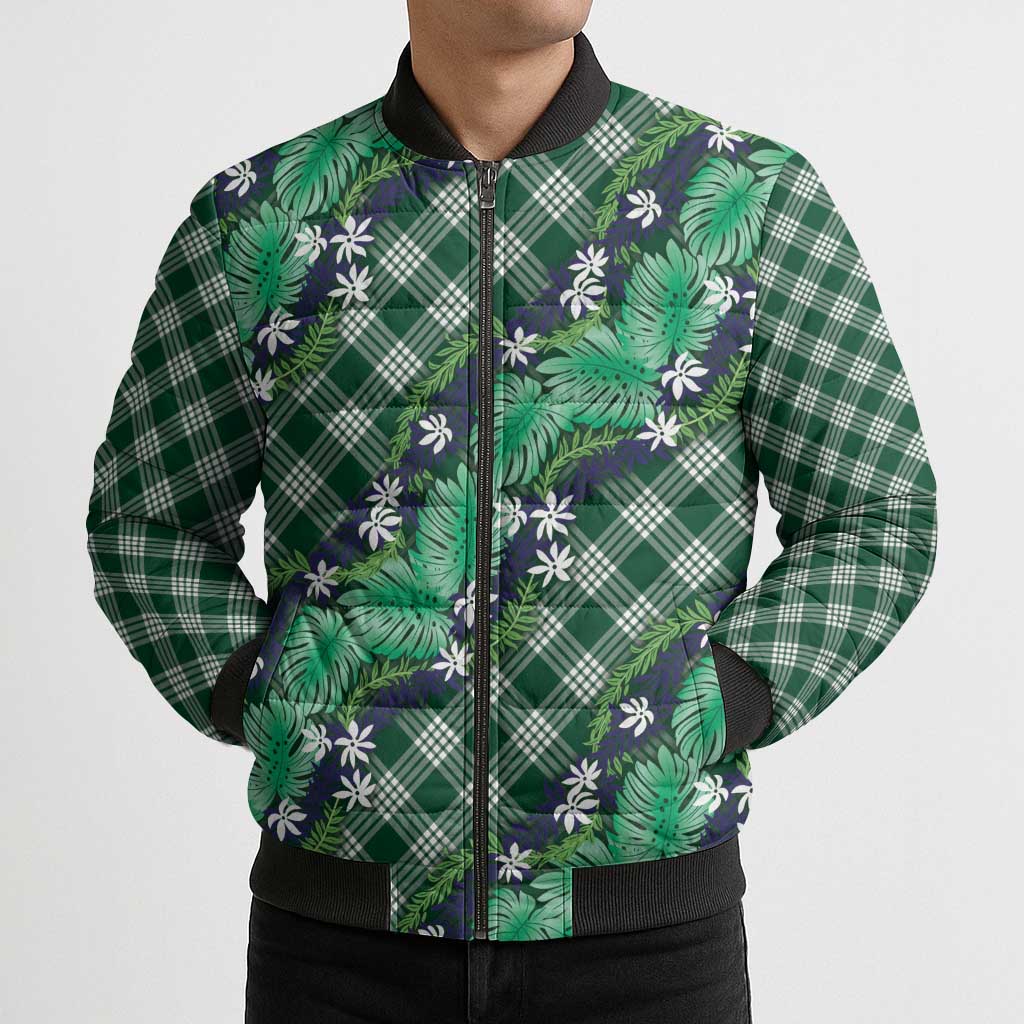 Polynesian Monstera Tiare Floral Bomber Puffer Jacket Forest Green Tropical Plaid - Polynesian Pride