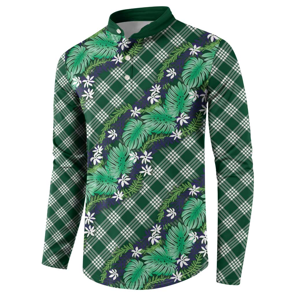 Polynesian Monstera Tiare Floral Button Sweatshirt Forest Green Tropical Plaid - Polynesian Pride