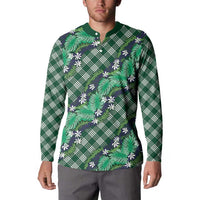 Polynesian Monstera Tiare Floral Button Sweatshirt Forest Green Tropical Plaid - Polynesian Pride