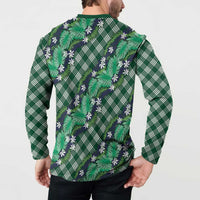 Polynesian Monstera Tiare Floral Button Sweatshirt Forest Green Tropical Plaid - Polynesian Pride