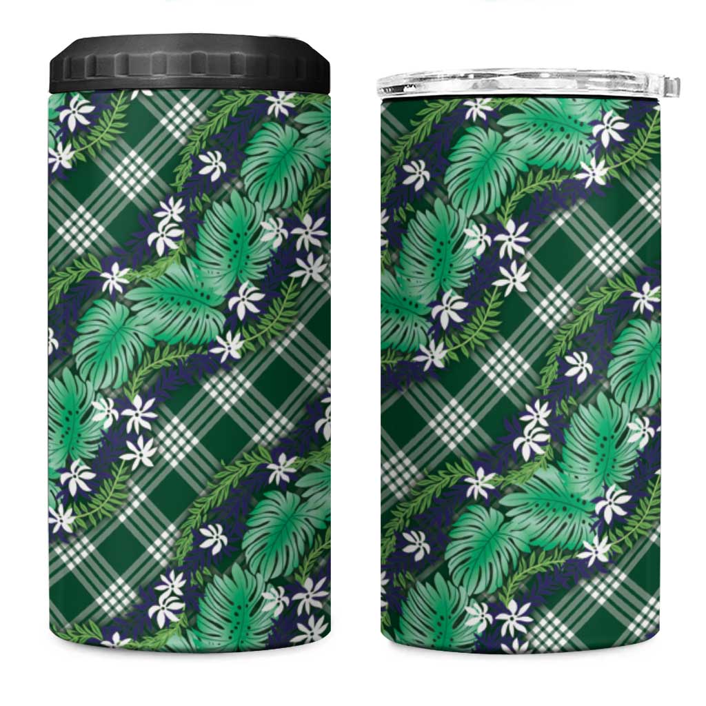 Polynesian Monstera Tiare Floral 4 in 1 Can Cooler Tumbler Forest Green Tropical Plaid - Polynesian Pride