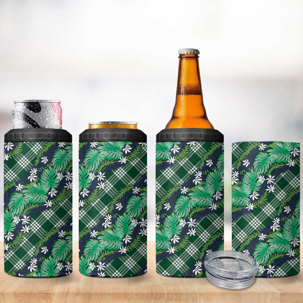 Polynesian Monstera Tiare Floral 4 in 1 Can Cooler Tumbler Forest Green Tropical Plaid - Polynesian Pride