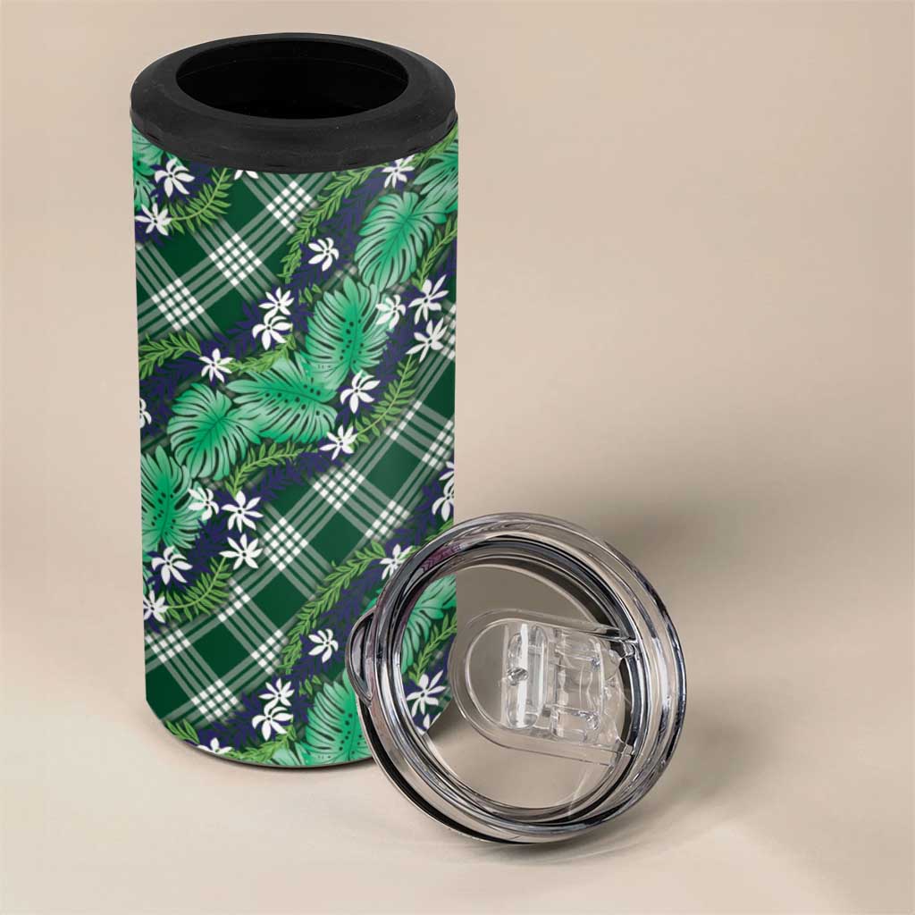 Polynesian Monstera Tiare Floral 4 in 1 Can Cooler Tumbler Forest Green Tropical Plaid - Polynesian Pride