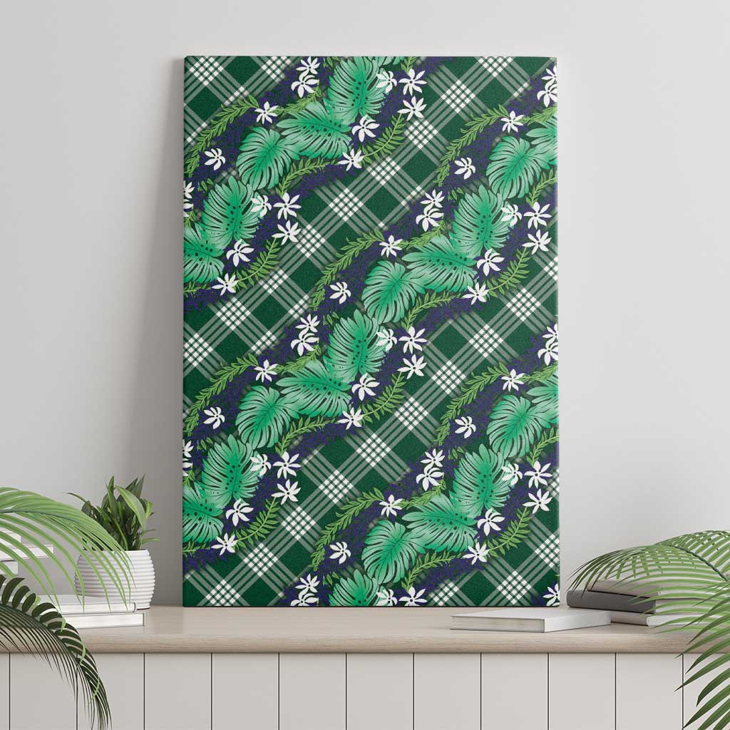 Polynesian Monstera Tiare Floral Canvas Wall Art Forest Green Tropical Plaid - Polynesian Pride