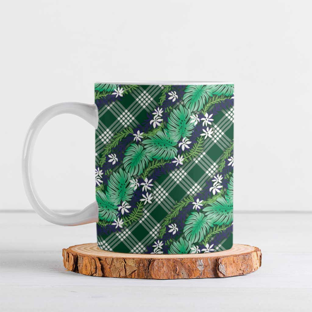 Polynesian Monstera Tiare Floral Ceramic Mug Forest Green Tropical Plaid - Polynesian Pride