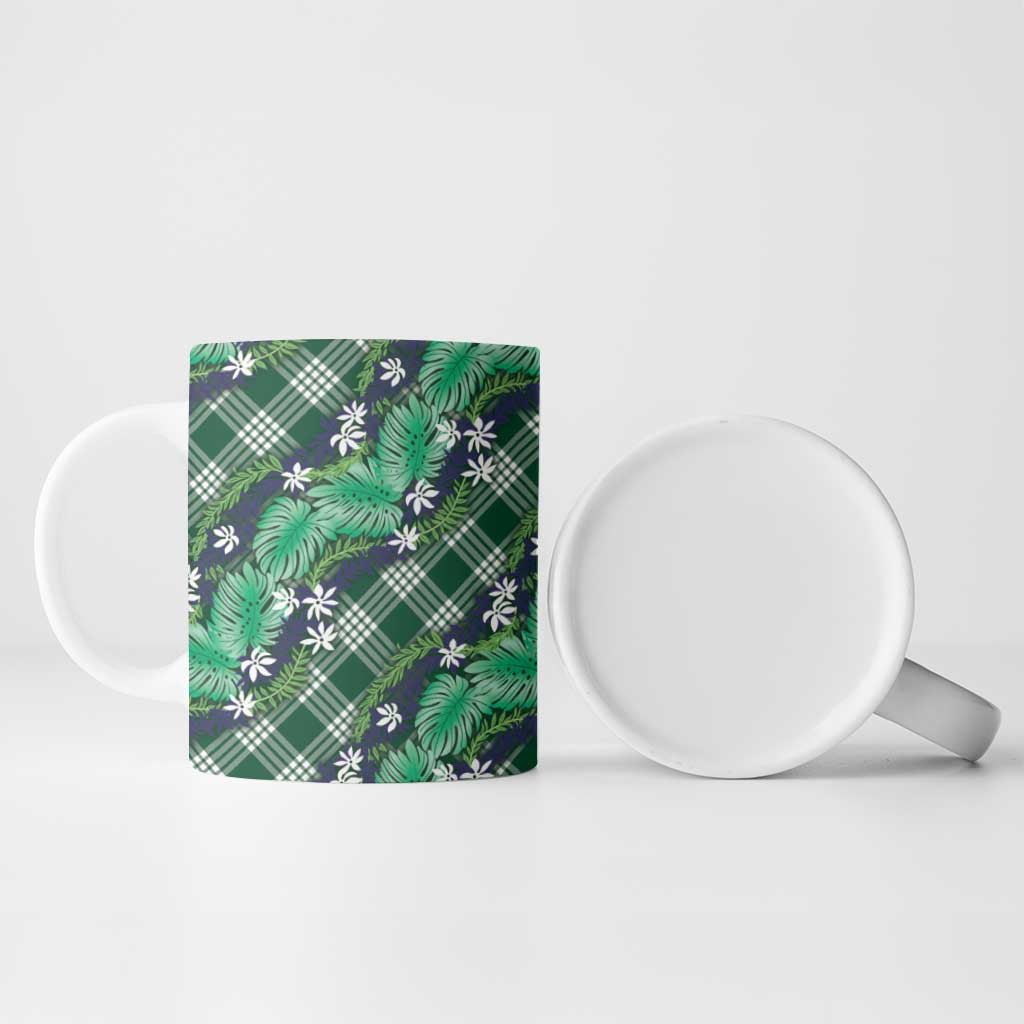 Polynesian Monstera Tiare Floral Ceramic Mug Forest Green Tropical Plaid - Polynesian Pride