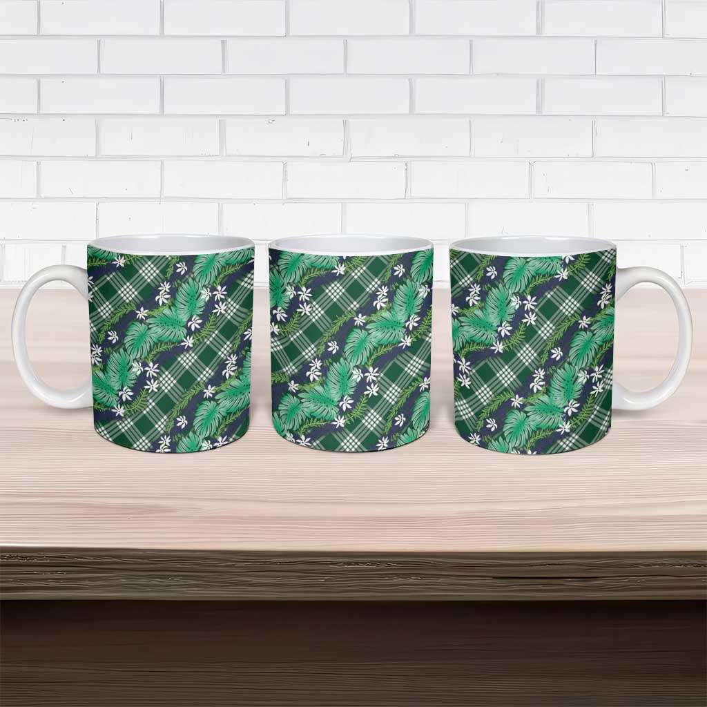 Polynesian Monstera Tiare Floral Ceramic Mug Forest Green Tropical Plaid - Polynesian Pride