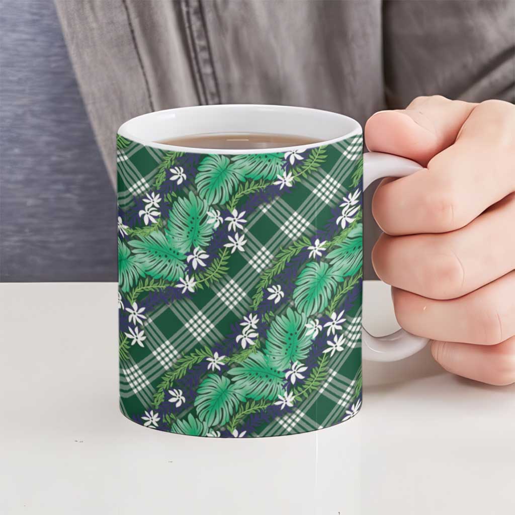 Polynesian Monstera Tiare Floral Ceramic Mug Forest Green Tropical Plaid - Polynesian Pride