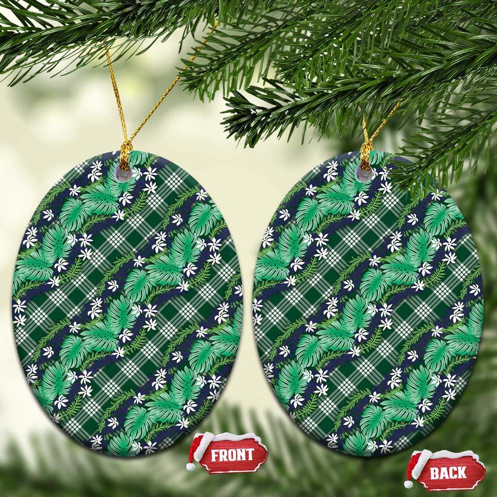 Polynesian Monstera Tiare Floral Ceramic Ornament Forest Green Tropical Plaid - Polynesian Pride