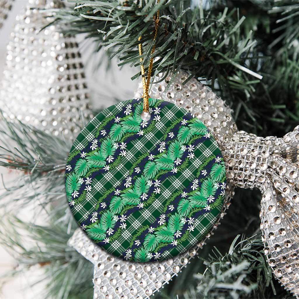 Polynesian Monstera Tiare Floral Ceramic Ornament Forest Green Tropical Plaid - Polynesian Pride