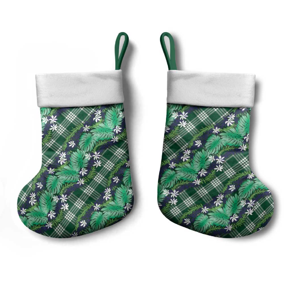 Polynesian Monstera Tiare Floral Christmas Stocking Forest Green Tropical Plaid - Polynesian Pride