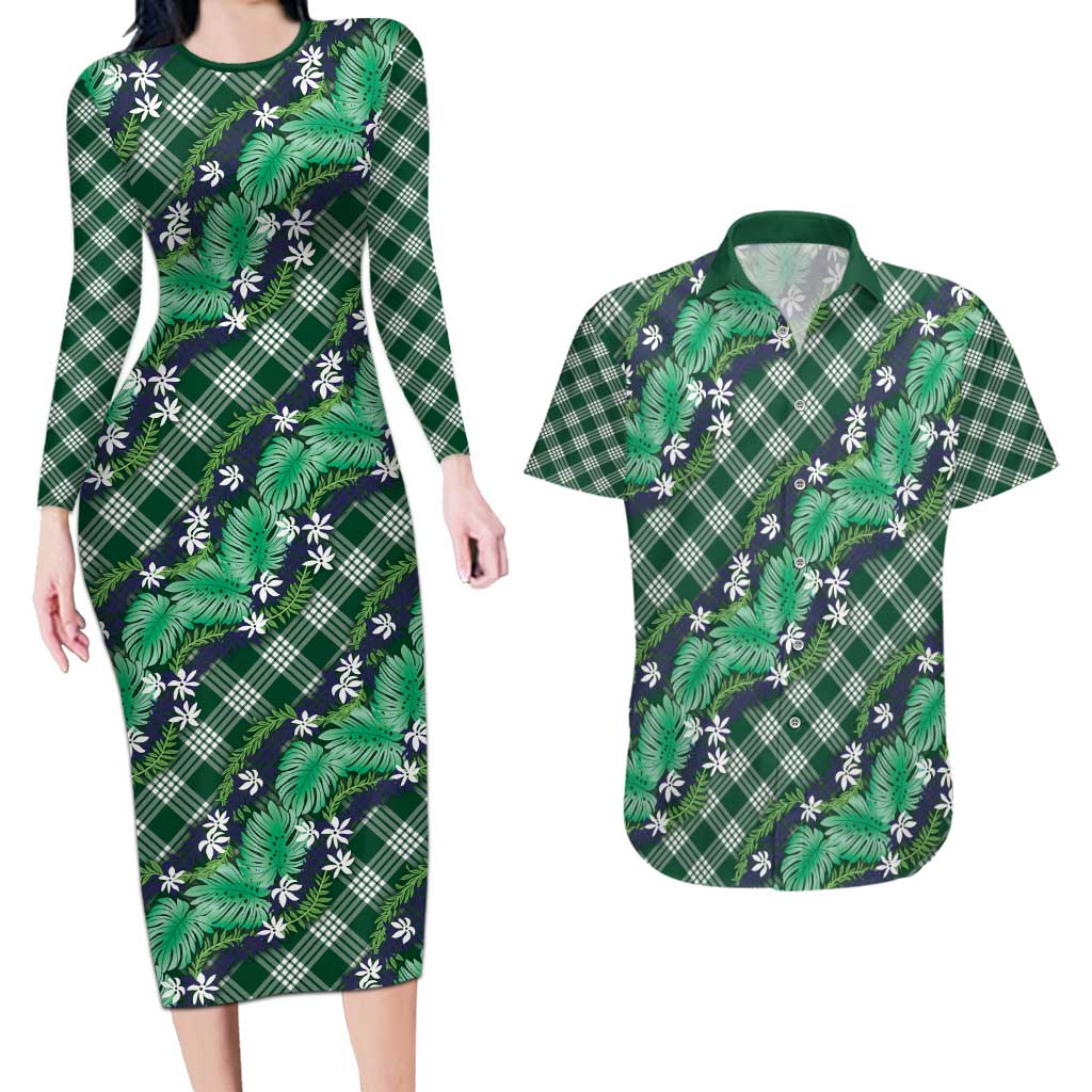Polynesian Monstera Tiare Floral Couples Matching Long Sleeve Bodycon Dress and Hawaiian Shirt Forest Green Tropical Plaid - Polynesian Pride