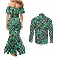 Polynesian Monstera Tiare Floral Couples Matching Mermaid Dress and Long Sleeve Button Shirt Forest Green Tropical Plaid - Polynesian Pride